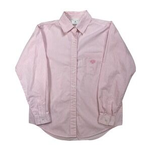 Susan Bristol White Pink Stripe Embroidered Cotton Blouse, Size M, Spring Summer